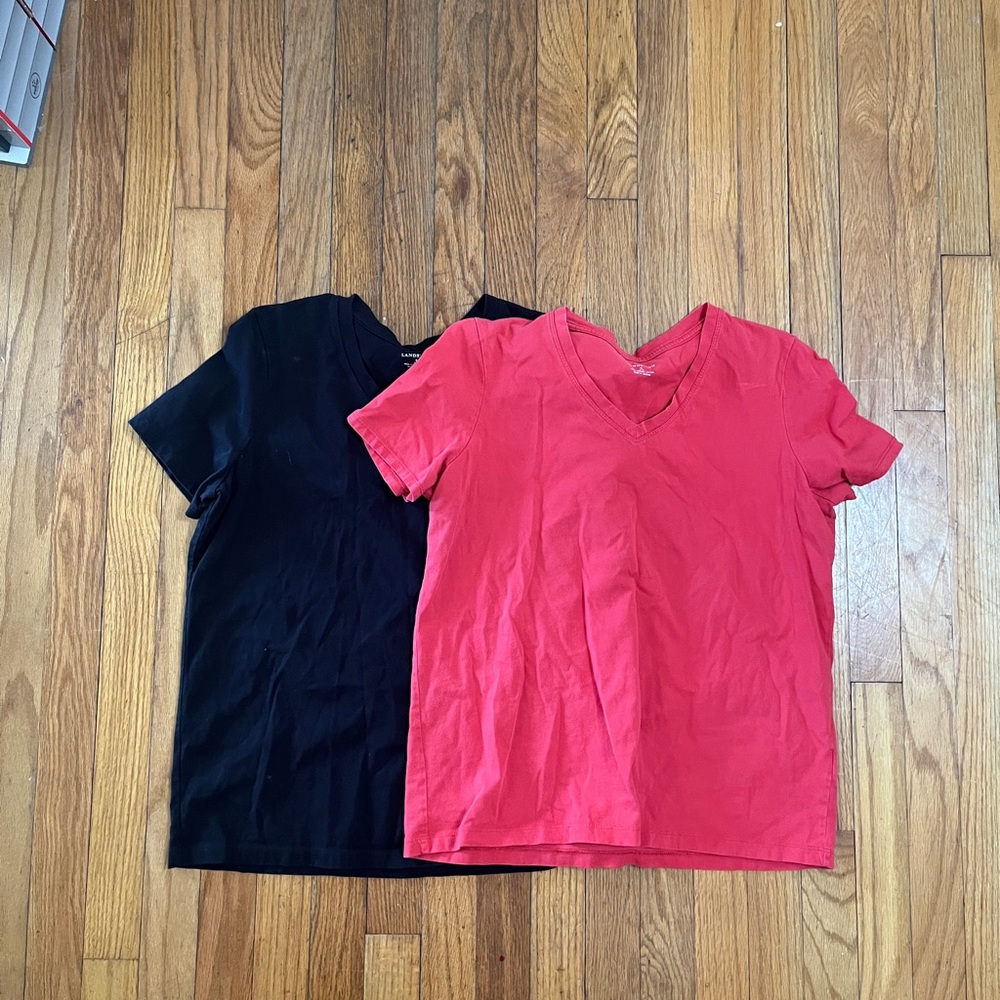 Lands’ End Black and Coral V-Neck T-Shirts